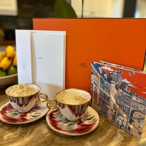 Authentic HERMES Tea Cup & Saucer Voyage en Ikat French Porcelain Set x 2